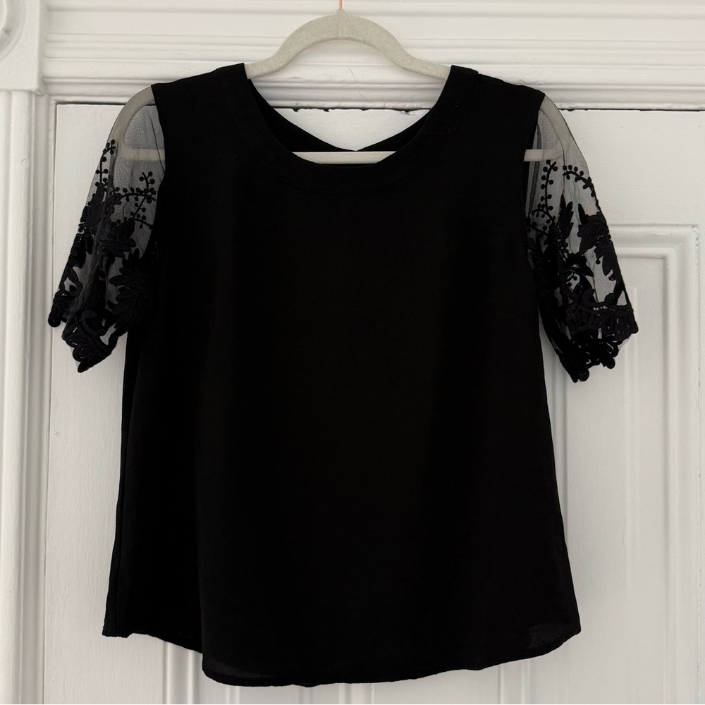 Kaii Black Embroidered Mesh Sleeve Blouse